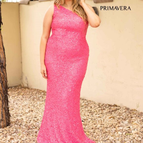 Primavera Couture Hot Pink Sequin One Shoulder Prom Dress 14004 - Picture 1 of 2